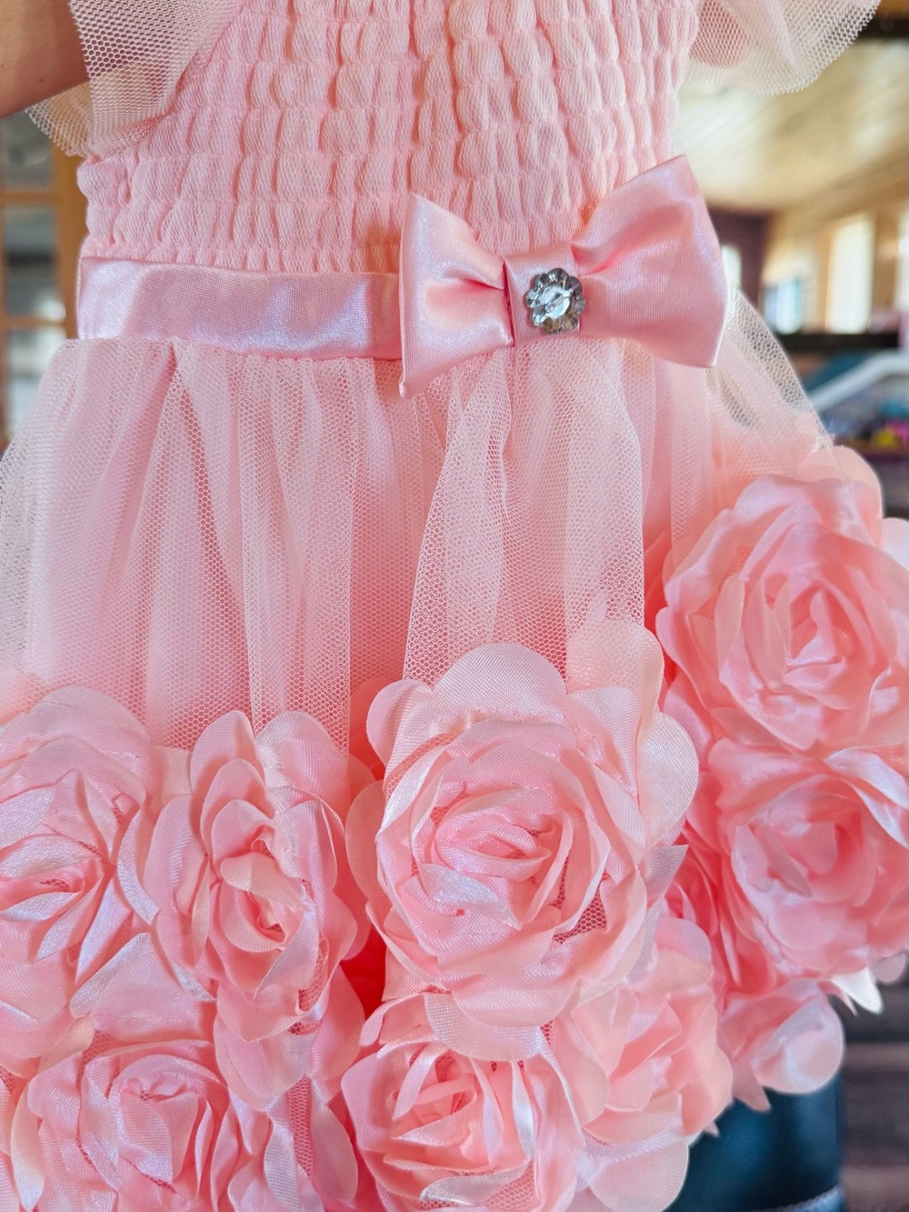 Girls Pink Floral Tulle Party Dress with Satin Bow